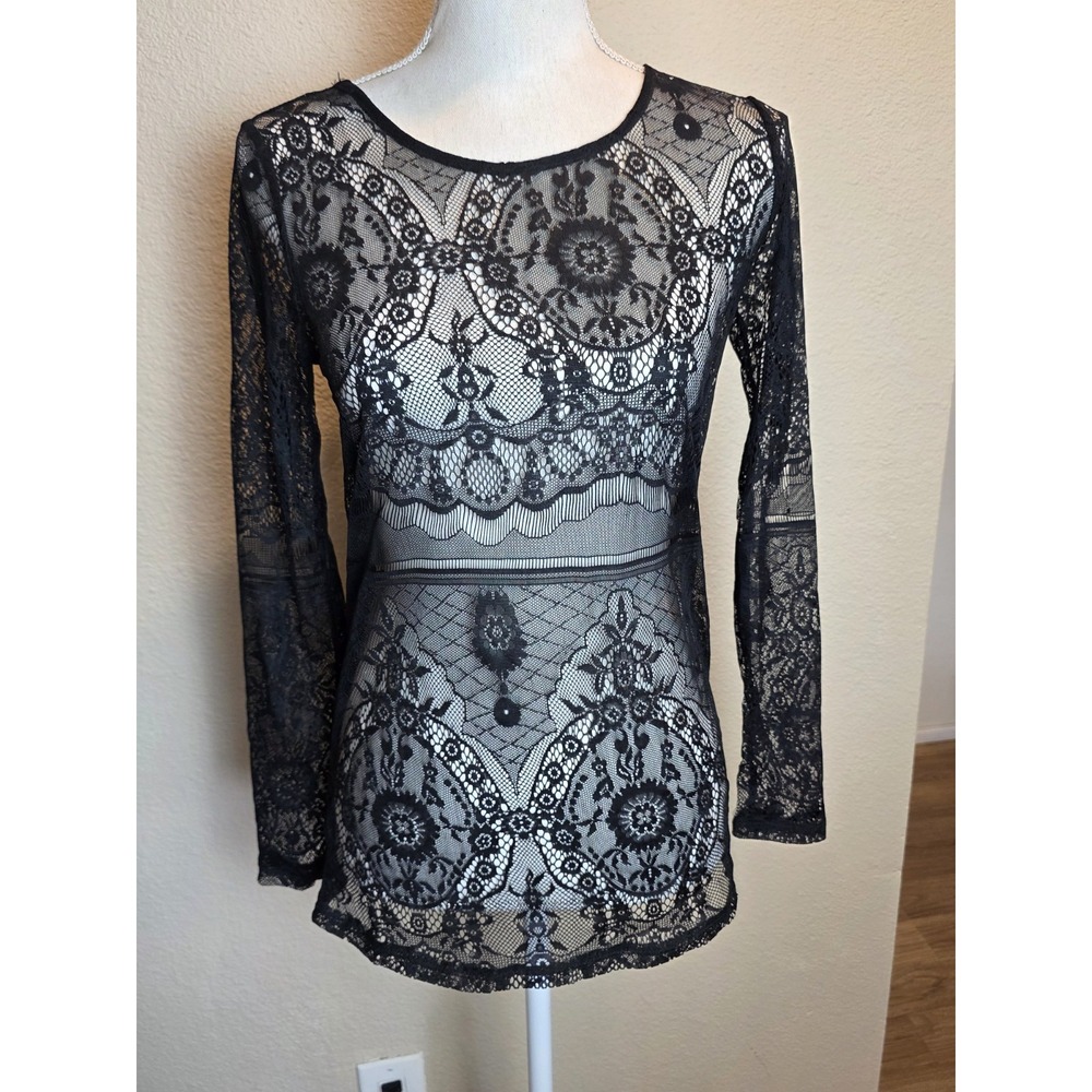 Hem And Thread Size Small Black Lace Sheer Top Long Sleeve